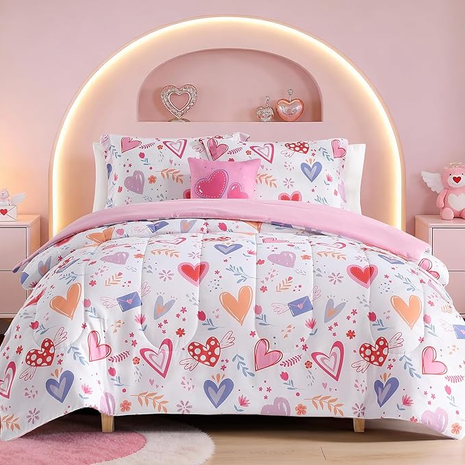 Kids Comforter Set Full Size for Girls, Heart Bedding Set 1 Comforter, 1 Decor Pillow, 2 Pillow Shams