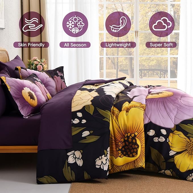 Xruibed Dark Purple Floral Comforter Set Queen Size 7 Pieces Bed in a Bag Flower Bedding Sets Lightweight Boho Bed Set with Sheet,Pillowcases&Shams for All Season