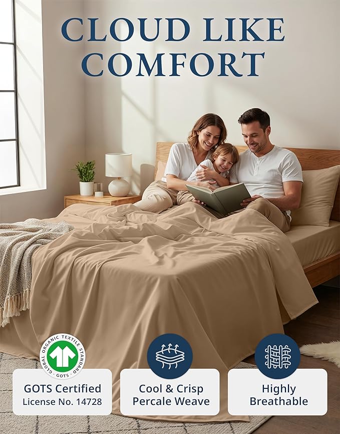 LANE LINEN 100% Organic Cotton Twin XL Sheets Set, Fully Elasticized Bed Sheets Set Twin XL Size Perfetct for Hospital beds, Deep Pocket Soft & Comfy Sheets Set Twin XL Size-Taupe