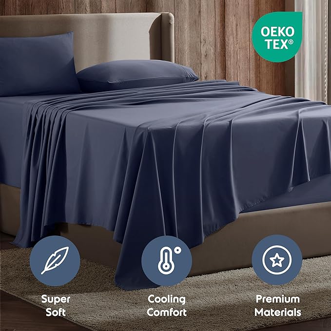 Nestl Short Queen Sheet Set - 1800 Ultra-Soft Microfiber - Double Brushed - Deep Pockets - Easy Fit - 4 Piece Set - Bed Sheets (Short Queen, Navy Blue)