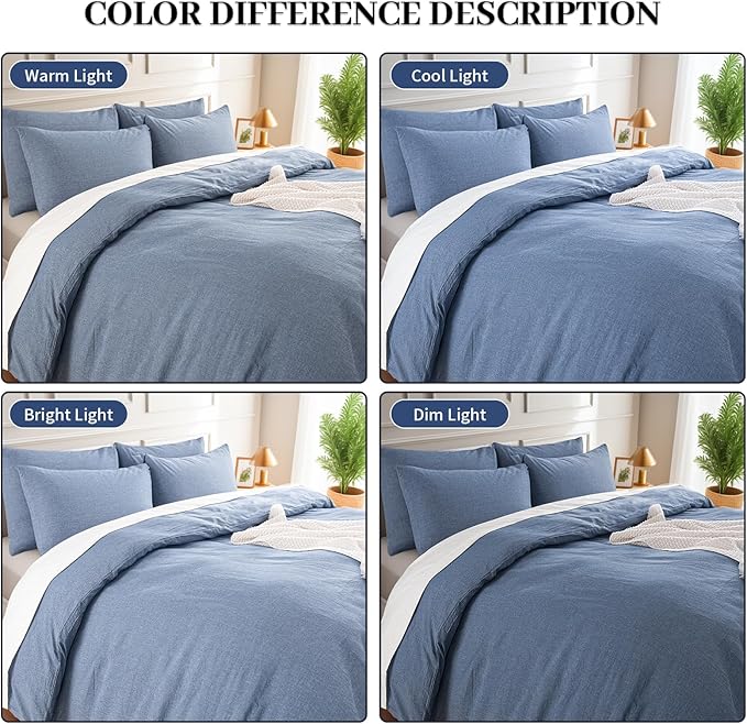 NEXHOME PRO Duvet Cover King 100% Washed Cotton, Organic Natural Linen Like Textured, Breathable, Durable, Home Bedding Set, Heathered Blue 10490