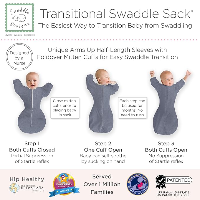 SwaddleDesigns Transitional Swaddle Sack, Arms Up Half-Length Sleeves & Mitten Cuffs, Swaddle for Newborn Transition to Baby Sleep Sack Wearable Blanket, Large, 6-9 Month, 21-24 lb, Heathered Denim