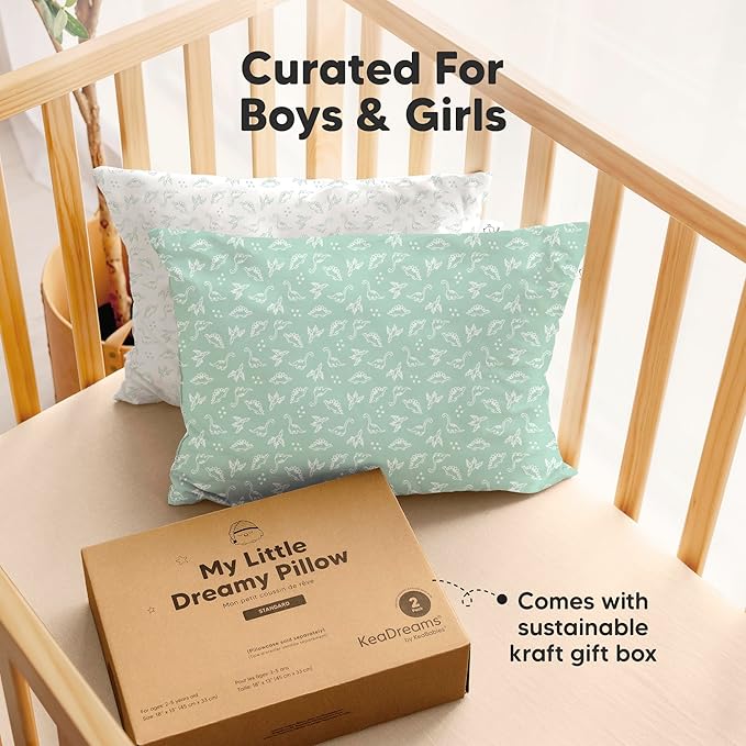 KeaBabies 2-Pack Toddler Pillows 2 Year Old to 5-13x18 Soft Organic Cotton Kids Pillow for Sleeping, Travel, School, Daycare, Nap, Toddler Bed, Machine Washable, Without Pillowcase (DinoLand)