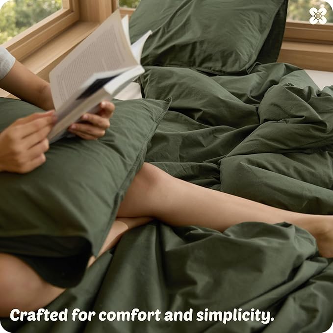 Bedsure Cotton Duvet Cover Queen - Luxury Slub Weave 100% Cotton Duvet Cover with a Linen Like Textured, Easy Change Durable Bedding, Olive Green, 90" x 90"