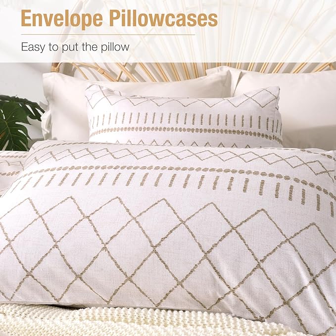 Lekesky Duvet Cover Queen Size, Soft Microfiber Boho Aztec Duvet Cover Set White Geometric Pattern Bohemian Bedding Duvet Cover Sets with Zipper Closure Corner Ties (No Comforter)