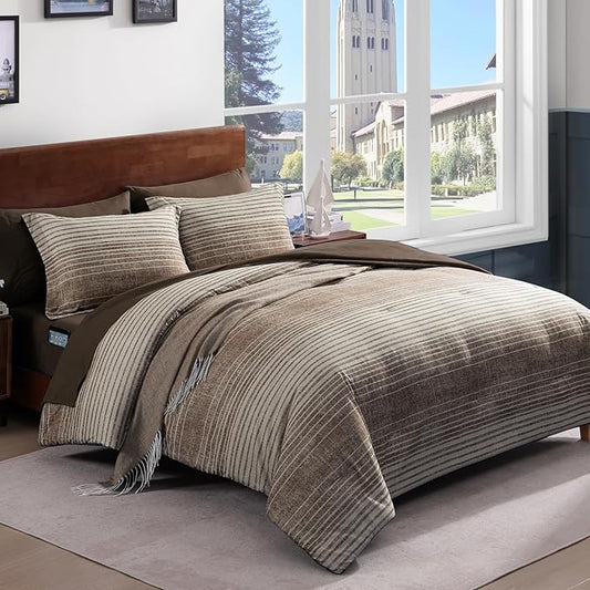 Full Comforter Set Striped, Chocolate Brown Bedding Set 7 Pieces for Boys Girls Teen, All Season Bed in a Bag for Dorm with Sheets, Pillowcases & Shams