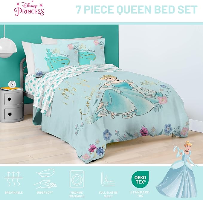 Jay Franco Kids Comforter Set Includes Sheets and Pillow Covers - Soft and Cozy Bed Set for Stylish Room Decor, Official Licensed Bedding, Blue - Cinderella, 7 Piece Queen