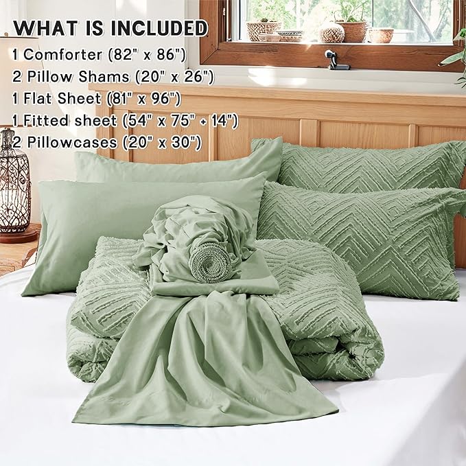 Zzlpp Full Comforter Set 7 Pieces, Sage Green Tufted Bed in a Bag with Comforter and Sheets, All Season Boho Bedding Sets with 1 Comforter, 2 Pillow Shams, 2 Pillowcases, 1 Flat Sheet, 1 Fitted Sheet