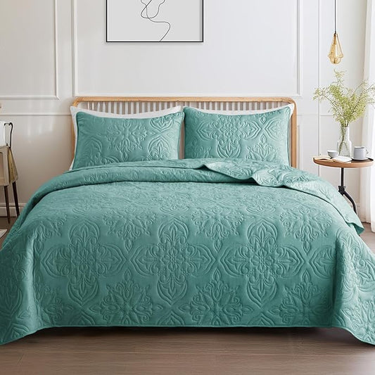 Whale Flotilla Soft Queen Quilt Bedding Set for All Seasons, Vintage Damask Ultrasonic Full Size Quilts Set, Lightweight Reversible Bedspread, Coverlet, Bed Cover with 2 Pillow Shams, Turquoise Green