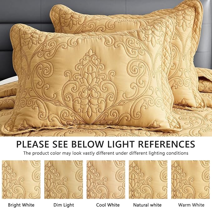 CHIXIN Bedspread Coverlet Set Queen Size - Lightweight Bedding Cover - Beautiful Stitching - 5 Piece Reversible Bedspread - Luxury Damask Paisley Pattern (Queen, Honey-Gold)