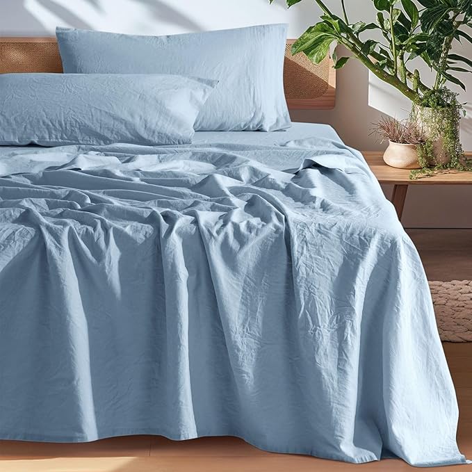 SONORO KATE 100% French Pure Linen Sheets, Breathable and Durable Queen Size Sheets, 16 Inch Deep Pocket - 4 Piece (Dusty Blue)