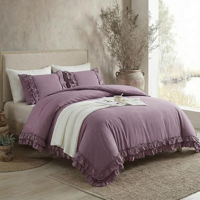 Bedorm Queen Duvet Cover Set Purple Ruffle Bedding Set Pleat Ruffled Shabby Chic Comforter Cover Extra Soft & Easy Care Farmhouse Boho Duvet Cover with Zipper Closure