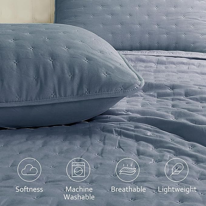 ROARINGWILD Dusty Blue Queen Size Quilt Bedding Set, Lightweight Soft Bedspread, Farmhouse Rustic Country Coverlet, Thin Cloud Comforter for Spring Summer, 2 Pillow Shams, 90x90 inches