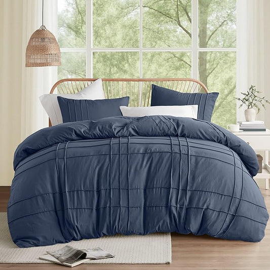 Comfort Spaces Navy Full Size Duvet Cover Set - 3-pc Pintuck Pleated Duvet Cover, All Season Lightweight, Extra Softness Pre-Washed Microfiber Full Bed Cover Shams, Full