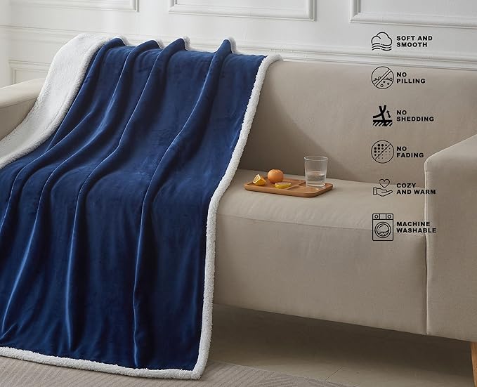 Navy Blue Twin Sherpa Fleece Blanket, Soft Fuzzy Flannel Blanket for Bed, Thick Warm Reversible Plush Blankets, Oeko-TEX Certified, Valentine’s Day Gifts, Navy Blue 60x80 Inches