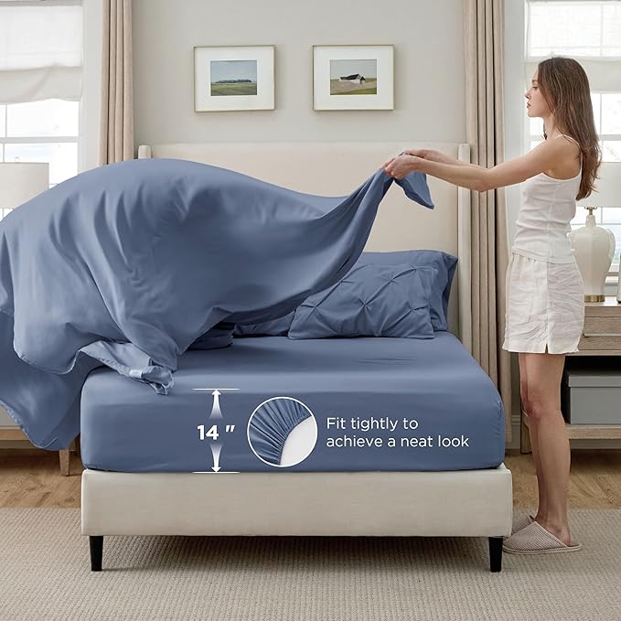 Bedsure Full Comforter Set Slate Blue - Bed in a Bag Full Size Bedding Set 7 Pieces, GentleSoft™ Pintuck Bed Set Gift for Family, Pinch Pleat All Season Comforter with Sheets, Pillowcases & Shams