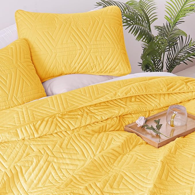 Whale Flotilla Soft Twin Size Quilt Set for All Seasons, 2-Piece Ultrasonic Geometric Quilts Bedding Set, Lightweight Reversible Bedspread, Coverlet, Bed Cover with Pillow Sham, Yellow