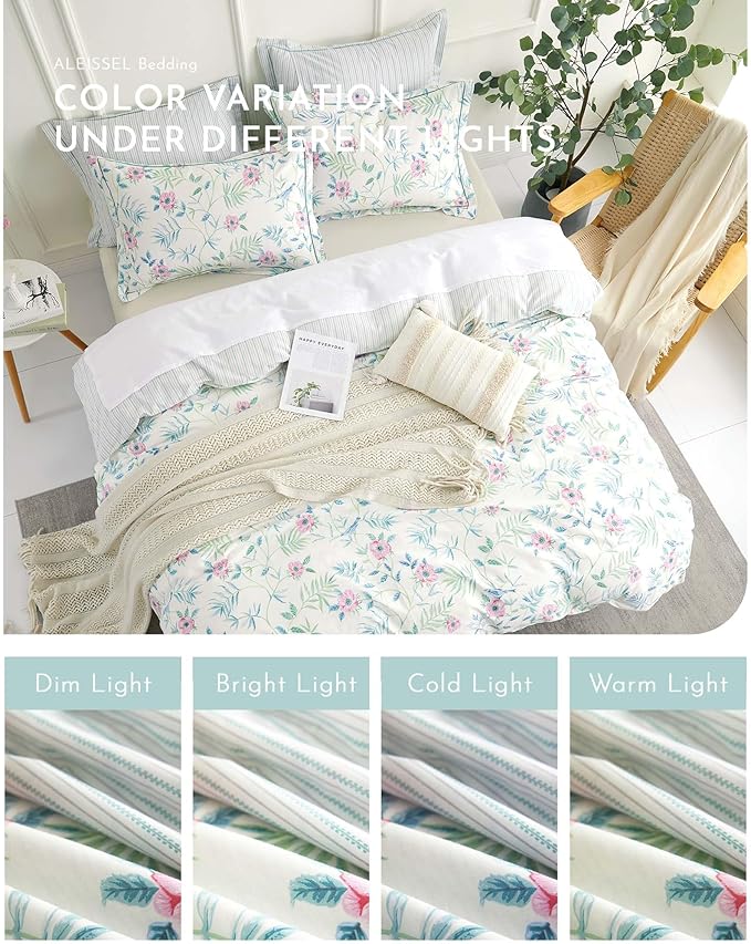 Elegant 100% Cotton Duvet Cover King Size - Petal Pink Flowers & Sage Branches on Soft White,Fine Striped Back, Neutural Bedding Set 3Pcs with Button Closure (King,104"x90")