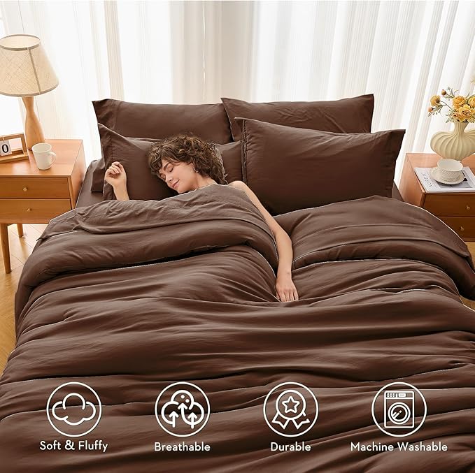 MUXHOMO 5 Pieces Twin Comforter Set, Soft Bed in a Bag Twin Size, All Season Bedding Set with Comforter, Flat Sheet, Fitted Sheet, Pillowcases & Shams, Brown