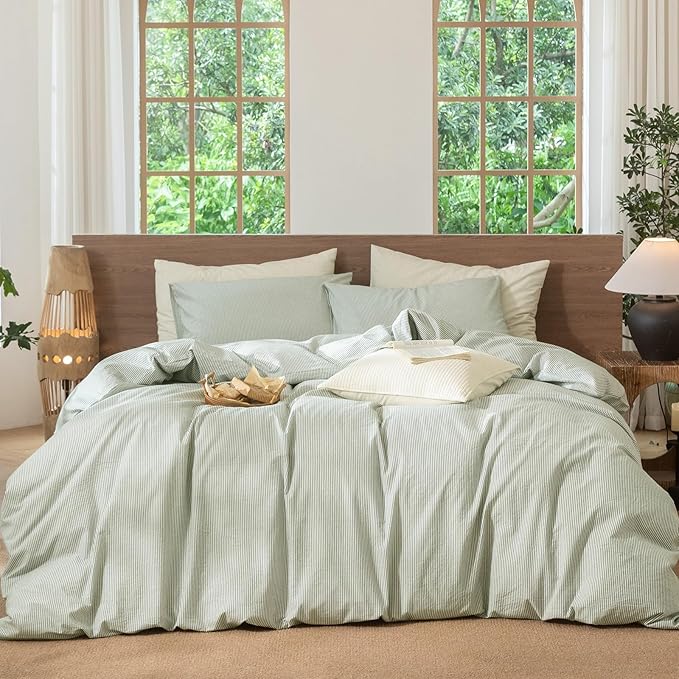 MooMee Striped Duvet Cover Set 100% Washed Cotton Linen Like Textured Breathable Durable Soft Comfy (Sage Green White Pinstripes, King 104"x90")