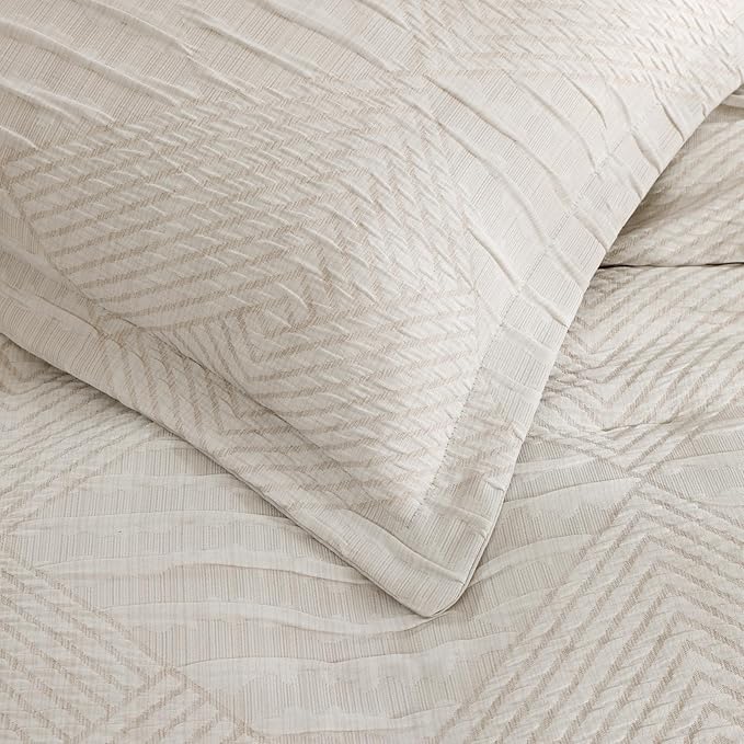 MaiRêve Queen Comforter Set Beige, Crinkle Textured Design Boho Bedding Set 7 Pieces Bed in A Bag, All Season Geometric Comforter Set with Sheets, Pillowcases & Shams