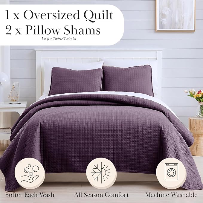 Southshore Fine Living, Inc. Oversized King Quilt Bedding Set, Soft Brushed Microfiber, Stain and Pet Hair Resistant Bedding, California/King Size Quilt Coverlet Bedspread Set w/2 Shams, Purple