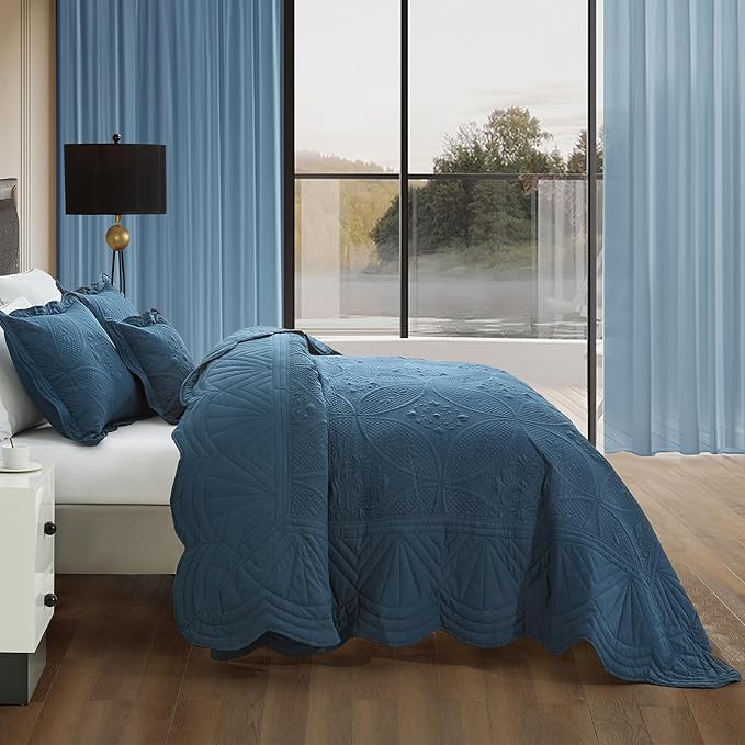Oversized Bedspread - King Size Bedding Cover - Modern & Contemporary Coverlet Set, Real Stitching, Reversible, Lightweight, 5 Piece, Navy