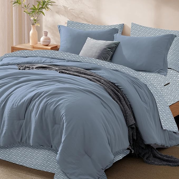 Monbix Full Size Comforter Set - 7 Pieces Oxford Blue Prewashed Bed in a Bag Full Bedding Sets with Comforters, All Seasons Ultra Soft Comforter Bed Set with Sheets,Pillowcases & Shams