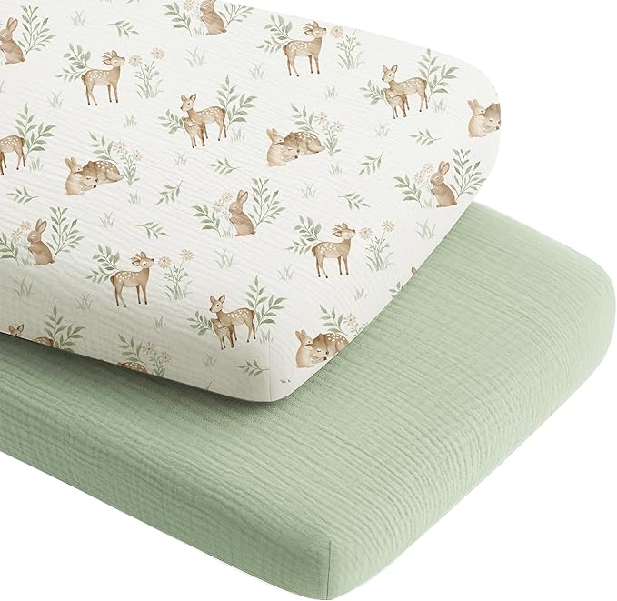 Konssy 2 Pack Muslin Bassinet Sheets for Boys, Girls, 100% Cotton Soft Breathable Fitted Bassinet Mattress Sheet, 33 x 21 inches (Woodland,Sage)