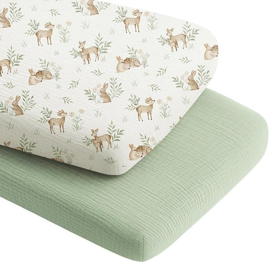 Konssy 2 Pack Muslin Bassinet Sheets for Boys, Girls, 100% Cotton Soft Breathable Fitted Bassinet Mattress Sheet, 33 x 21 inches (Woodland,Sage)