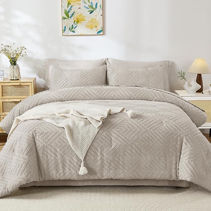 Andency Queen Comforter Set 7 Piece Linen - Bed in a Bag Queen Boho Lightweight Fluffy Tufted Bedding Sets with Comforter, Sheets, Pillowcases & Shams