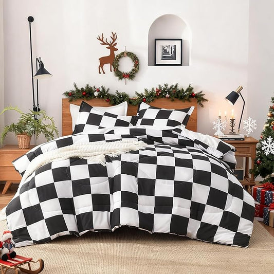 Andency Checkered Comforter Queen(90x90Inch), Black White Plaid Gingham Bed Set for Teen Boys Kids, Lightweight Microfiber Geometric Preppy Bedding, 3 Pieces