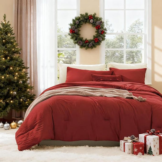 WRENSONGE Queen Comforter Set - 3 Pieces Prewashed Bright Red Comforter Soft Lightweight for All Seasons,Down Alternative Comforters Queen Size with 2 Pillow Shams
