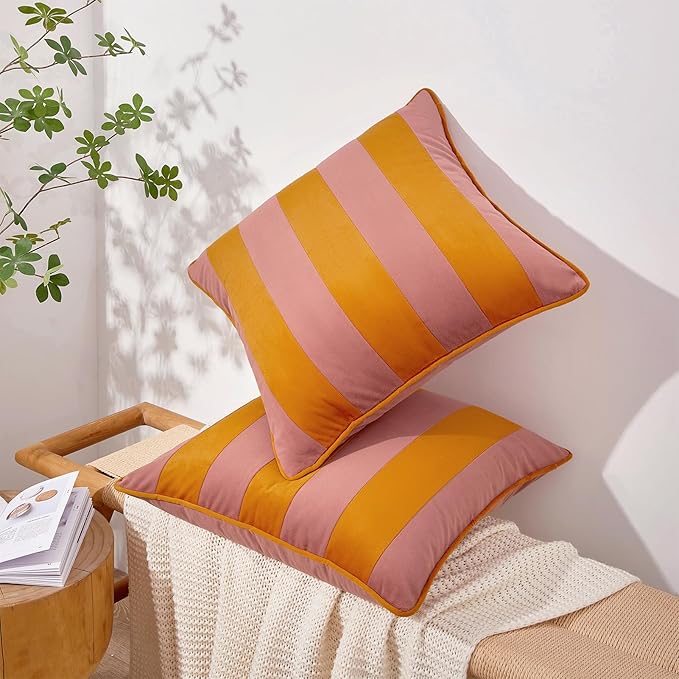 MONDAY MOOSE Decorative Throw Pillow Covers Cushion Cases, Set of 2 Soft Velvet Striped Piping Edge Designs, Pillow Inserts Not Included (16x16 inch, Pink/Honey)