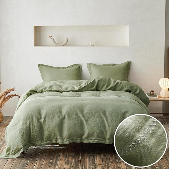 Simple&Opulence 100% Linen Duvet Cover Set with Crossed Embroidery Washed - 3 Pieces (1 Duvet Cover with 2 Pillow Shams) Soft Breathable Farmhouse - Sage Green, Queen Size