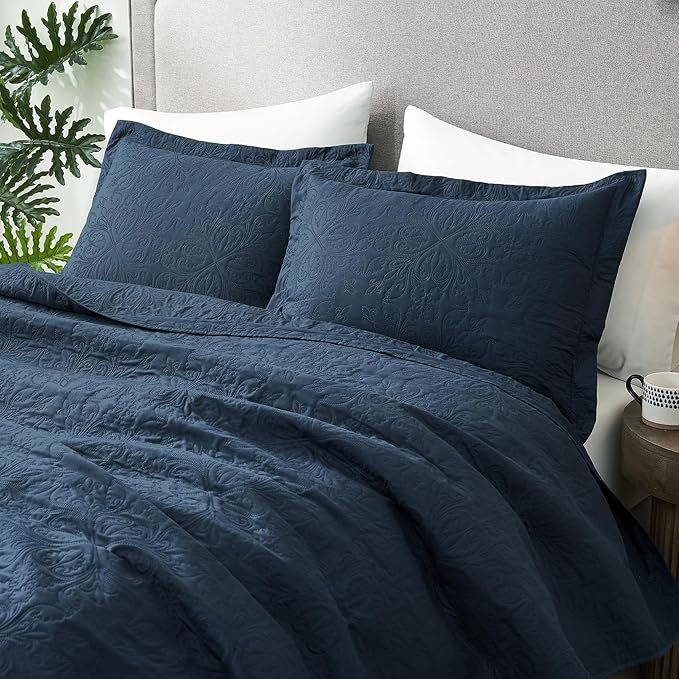 Hansleep Navy Quilt Twin Size - Baroque Ultrasonic All Season Bedspread Twin, Soft Lightweight Coverlet Bedding Set, 2 Piece (1 Quilt, 1 Pillow Shams)