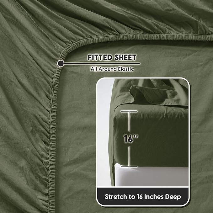 SONORO KATE 100% French Pure Linen Sheets, Breathable and Durable Line Twin XL Size Sheets, Anti-Tear Line Bed Sheets, Machine Washable, 16 Inch Deep Pocket - 3 Piece (Olive Green, Twin XL)