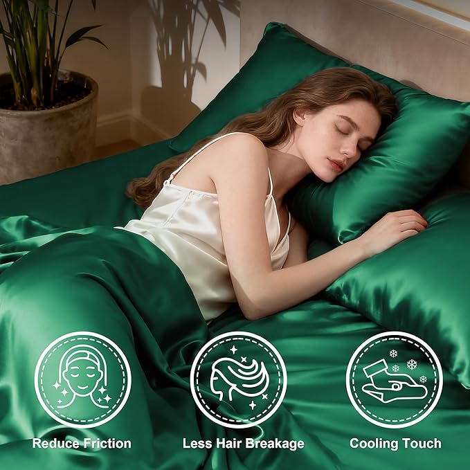 Love's cabin Twin Satin Sheet Set - 3 Piece Dark Green Silky Bed Sheets with Deep Pockets, Luxury Silk Feel Satin Twin Size Sheet Set Bedding Set (1 Flat Sheet,1 Fitted Sheet,1 Pillow case)