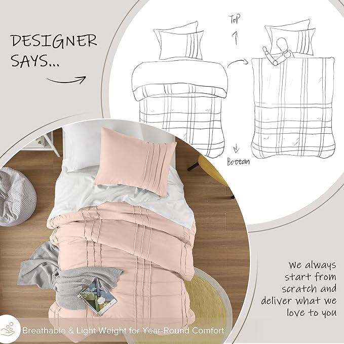 Comfort Spaces Blush Twin Size Duvet Cover Set - 2 Pieces Pintuck Pleated Duvet Cover All Season Lightweight, Extra Softness Pre-Washed Microfiber Twin Bedding Cover Shams, Twin/Twin XL