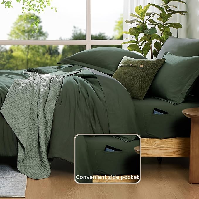 WRENSONGE Super King Plus Comforter Set - 7 Pieces Deep Green Soft Bed in a Bag Super King Plus with Fitted Sheet, Flat Sheet, 2 Pillow Shams, and 2 Pillowcases- Warm Bedding Sets for All Season