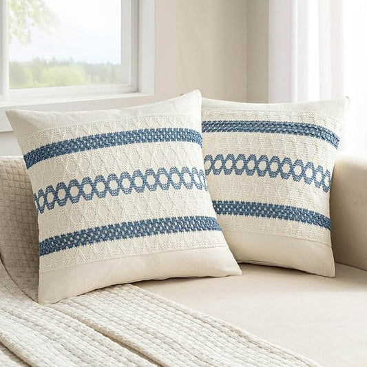 MIULEE Set of 2 Coastal Blue Boho Decorative Pillow Covers 16x16 Inch Farmhouse Rustic Couch Throw Pillows Modern Cotton Cushion Covers Retro Cute Macrame Woven Spring Home Decor for Bed Sofa Chair