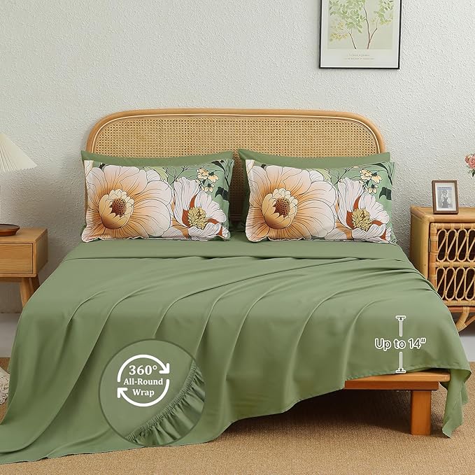 Xruibed King Comforter Set 7 Pieces Green Floral Comforter Set King Size Bed in a Bag Flower Bedding Sets Lightweight Boho Bed Set with Sheet,Pillowcases&Shams for All Season