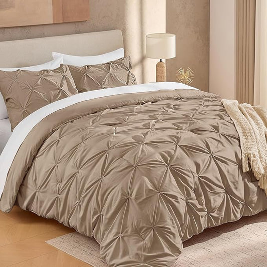 Andency California King Comforter Set Taupe (104x96Inch), Pinch Pleat Cal King Comforter Set 3 Pieces, Oversized King Pintuck Bed Comforter, Microfiber Down Alternative Comforter Bedding Set