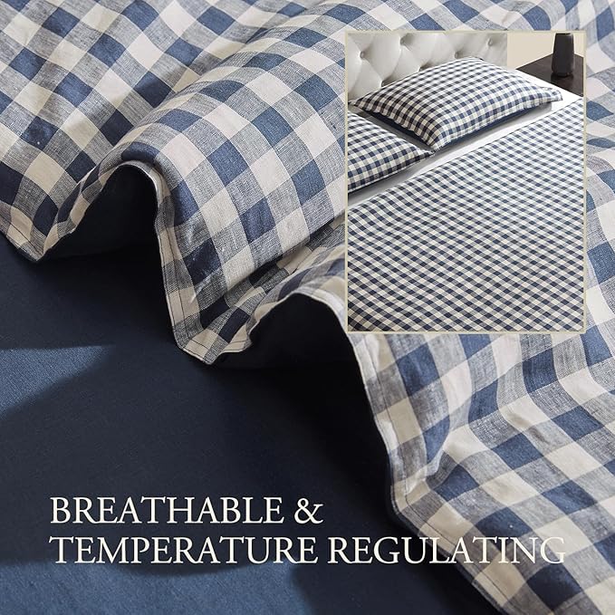 DAPU Linen Duvet Cover King,Yarn Dyed Gingham Check Plaid 100% Washed Linen Bedding with Envelope Closure,3 PCs Soft Linen Duvet Cover Set, Geometric Checkered Pattern in Navy Blue & White,King Size