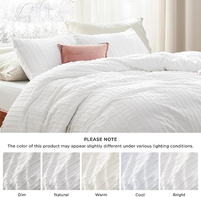Bedsure Striped Boho Duvet Cover Queen Size - Shabby Chic Tufted Boho Bedding Set, 3 Pieces Shabby Chic Home Bedding for All Seasons, Includes 1 Queen Duvet Cover & 2 Pillowcases (White, 90" x 90")
