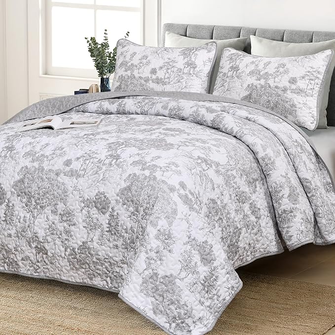 WONGS BEDDING Grey Quilt Set King Size, 3 Pieces Botanical Bedspreads Set Lightweight Microfiber Grey Toile Plants Pattern Coverlet Home Decor for All Seasons(104"×90")