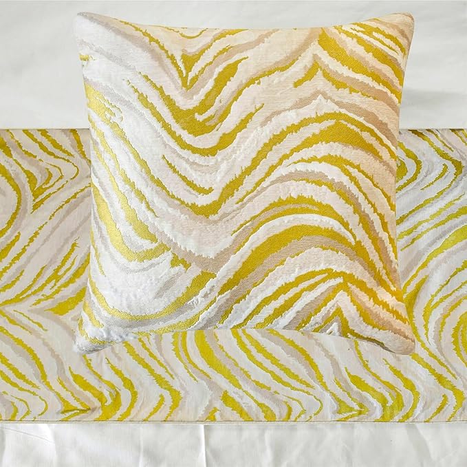The HomeCentric King/Queen/Twin Yellow & Grey Decorative Bed Runner Full 68"x18" Bed Runner Without Pillow Cover, Abstract Wave Pattern Bed Scarf on Jacquard Fabric - Yellow Whirls