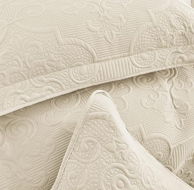 CHIXIN Quilt King Size - Damask Paisley Bedspread Coverlet Set - Classic & Gorgeous Style Bedding Cover, Ultrasonic Quilting, Reversible, Lightweight, 4 Piece, Ivory