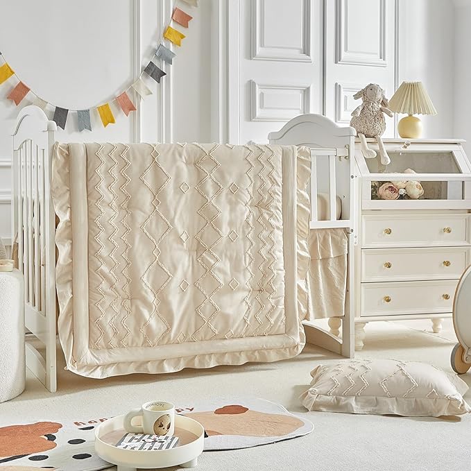 AIKASY The Ruffled Shabby Crib Bedding Set for Girls, Baby Quilted Comforter with Fitted Sheet, Bed Skirt, and Pillowcase.