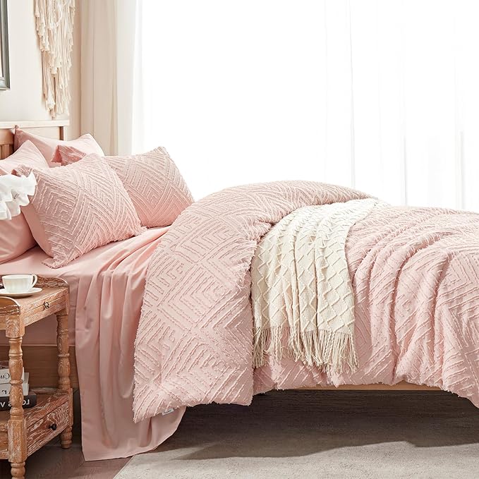 Zzlpp Full Comforter Set 7 Pieces, Pink Tufted Bed in a Bag with Comforter and Sheets, All Season Boho Bedding Sets with 1 Comforter, 2 Pillow Shams, 2 Pillowcases, 1 Sheet